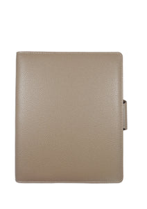 Beige leather folio case on a white background